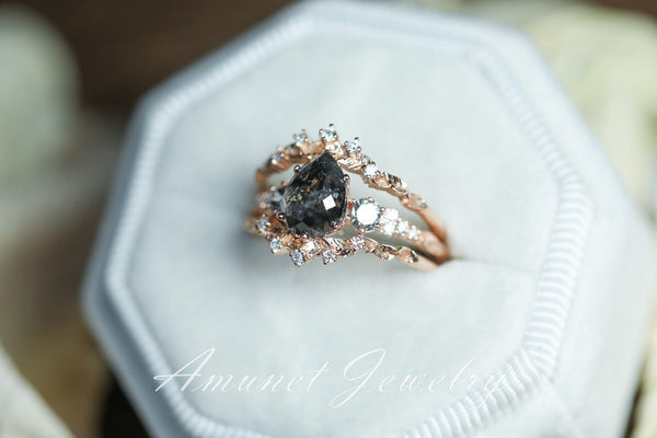 Salt and pepper diamond ring, engagement ring, leaf design ring, unique ring. - Amunet Jewelry
