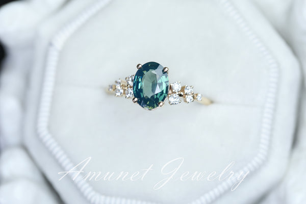 Teal sapphire ring, mermaid sapphire ring, blue sapphire engagement ring, unique ring.
