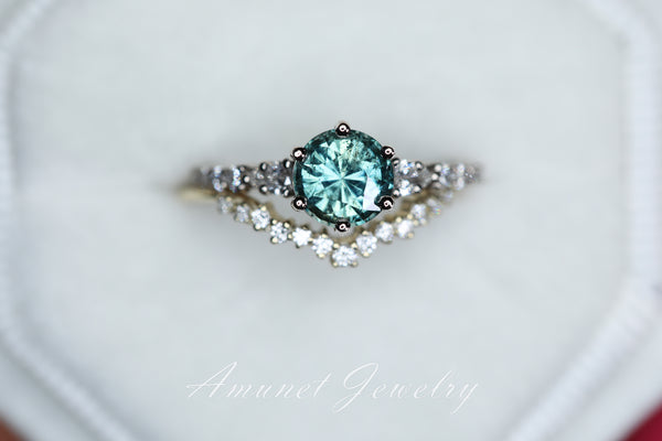 Round teal sapphire engagement ring,Peacock sapphire ring, blue green sapphire with side diamonds.
