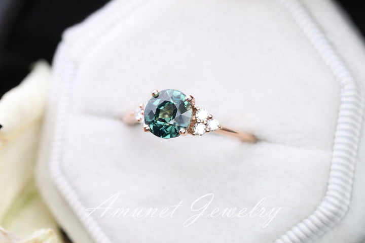 Teal sapphire ring,madagascar sapphire engagement ring, unheated sapphire cluster ring,wedding ring. - Amunet Jewelry