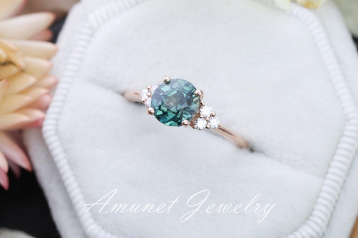 Teal sapphire ring,madagascar sapphire engagement ring, unheated sapphire cluster ring,wedding ring. - Amunet Jewelry