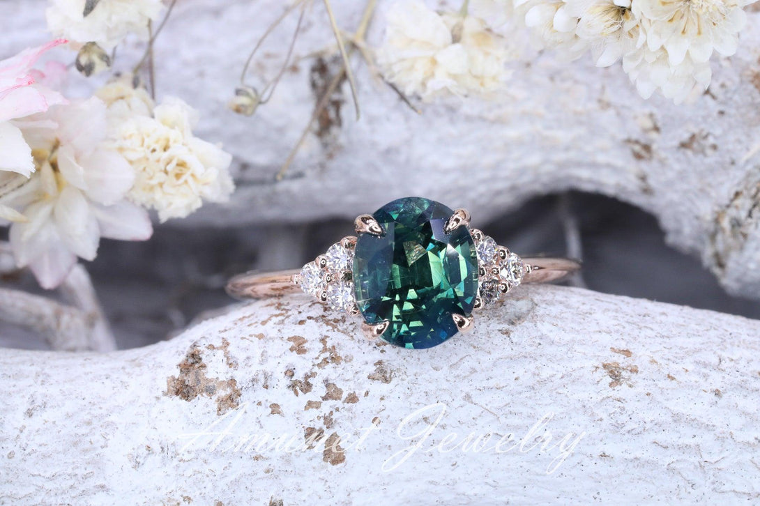 Teal sapphire ring,oval Madagascar sapphire ring,unheated sapphire,green blue sapphire cluster ring. - Amunet Jewelry