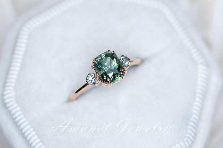 Cushion Teal Sapphire ring,engagement ring, green sapphire ring, unique ring, Madagascar sapphire ring. - Amunet Jewelry