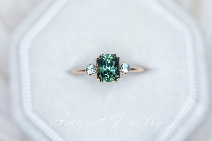 Cushion Teal Sapphire ring,engagement ring, green sapphire ring, unique ring, Madagascar sapphire ring. - Amunet Jewelry