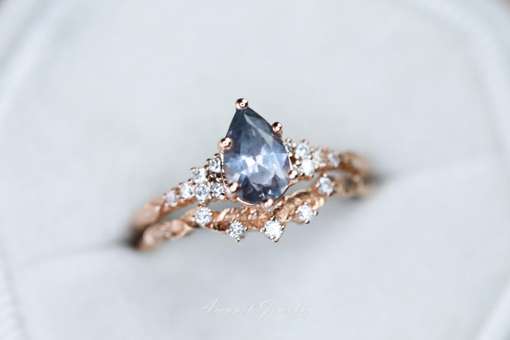 Montana sapphire ring, purple sapphire engagement ring, pear sapphire, leaf design ring, unique ring,promise ring. - Amunet Jewelry