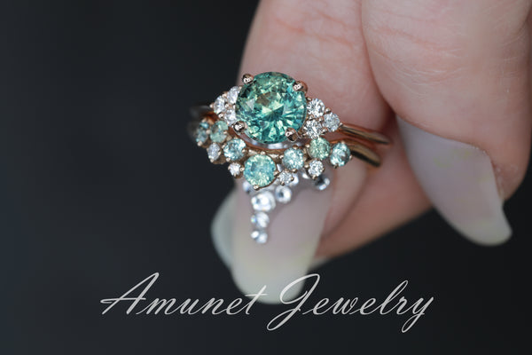 Teal sapphire ring,mermaid sapphire engagement ring, unheated sapphire cluster ring,wedding ring.