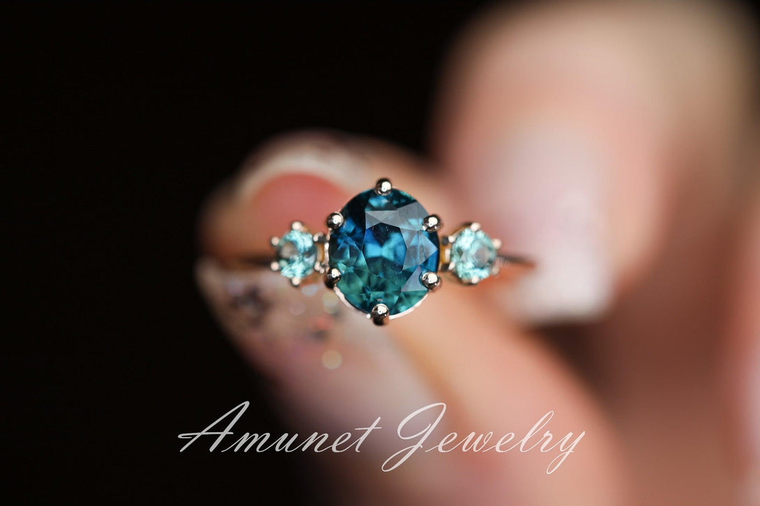 Sapphire ring, blue green sapphire ring, three stones ring with montana sapphires on either side, peacock sapphire engagement ring. - Amunet Jewelry
