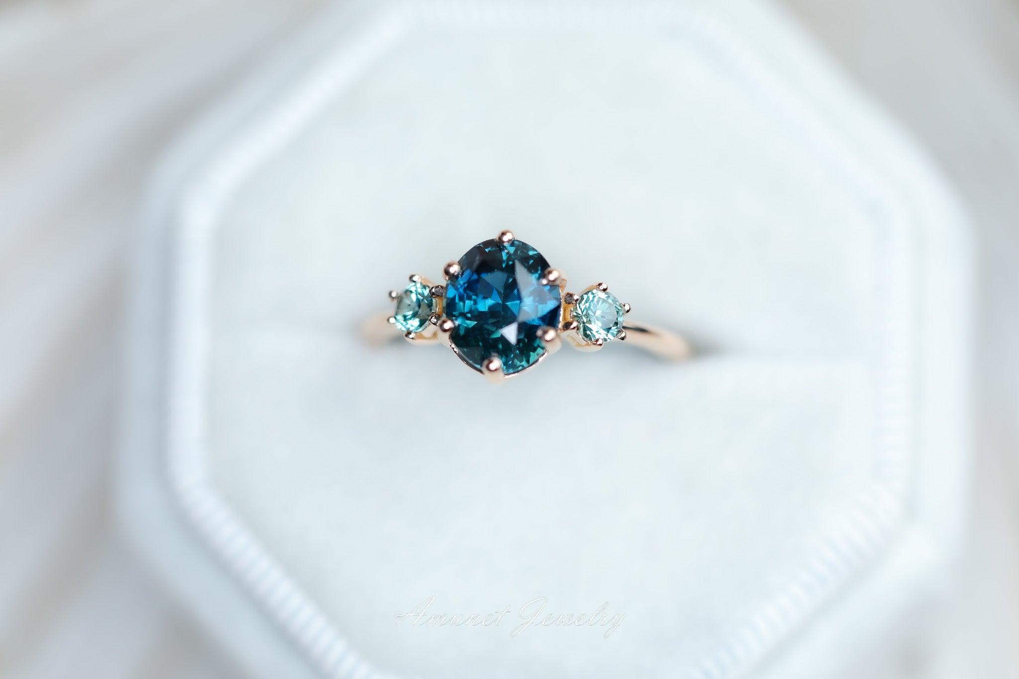 Sapphire ring, blue green sapphire ring, three stones ring with montan ...