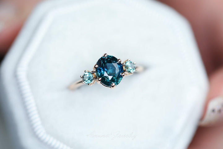Sapphire ring, blue green sapphire ring, three stones ring with montana sapphires on either side, peacock sapphire engagement ring. - Amunet Jewelry