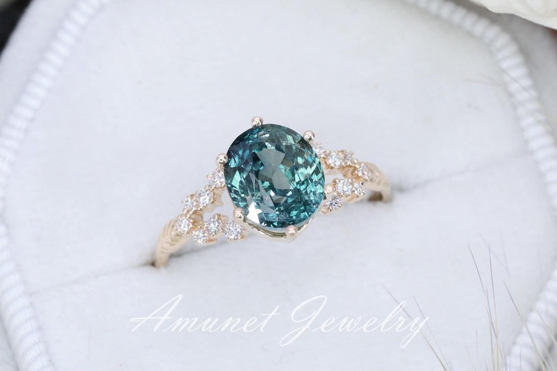 Sapphire ring,teal green sapphire ring, oval sapphire engagement ring. - Amunet Jewelry