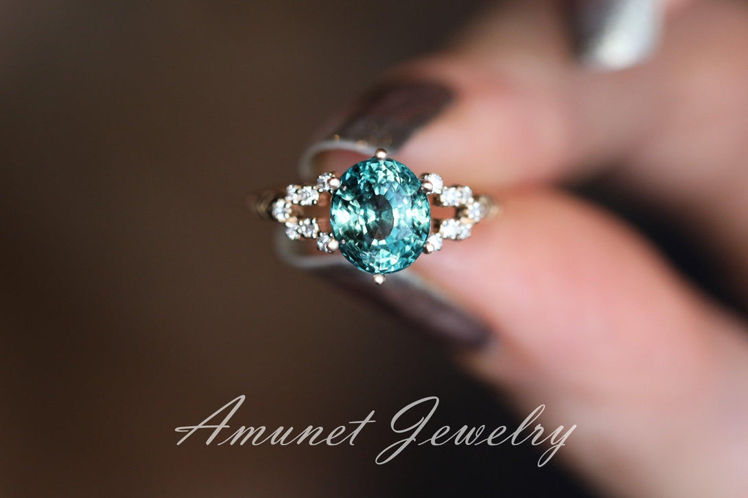 Sapphire ring,teal green sapphire ring, oval sapphire engagement ring. - Amunet Jewelry
