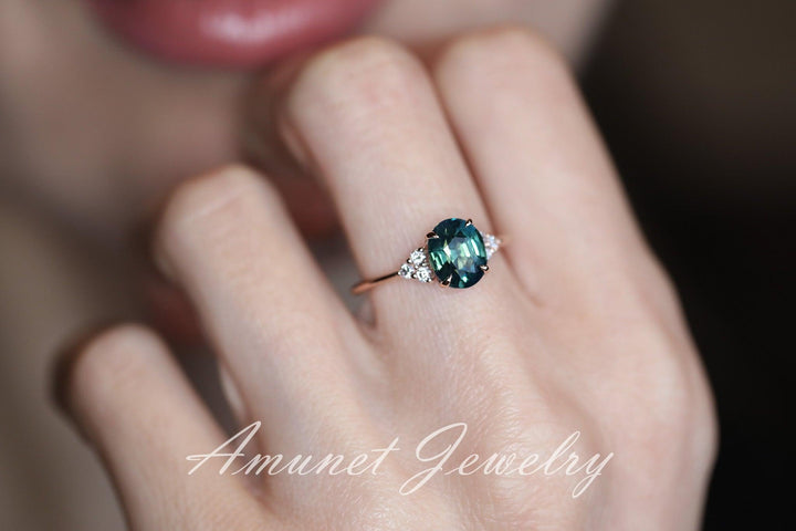 Teal sapphire ring,oval Madagascar sapphire ring,unheated sapphire,green blue sapphire cluster ring. - Amunet Jewelry