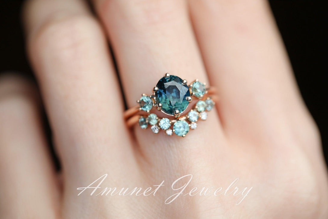 Sapphire ring, blue green sapphire ring, three stones ring with montana sapphires on either side, peacock sapphire engagement ring. - Amunet Jewelry