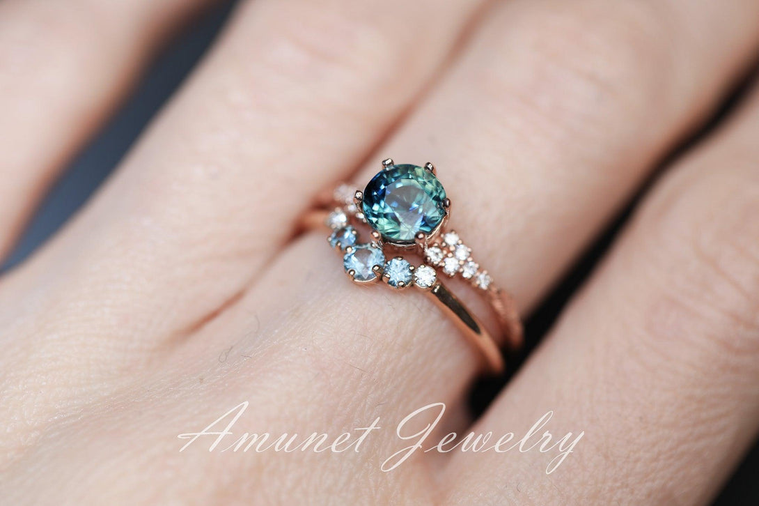 Teal Sapphire ring,sapphire engagement ring,peacock sapphire cluster ring,unique ring. - Amunet Jewelry