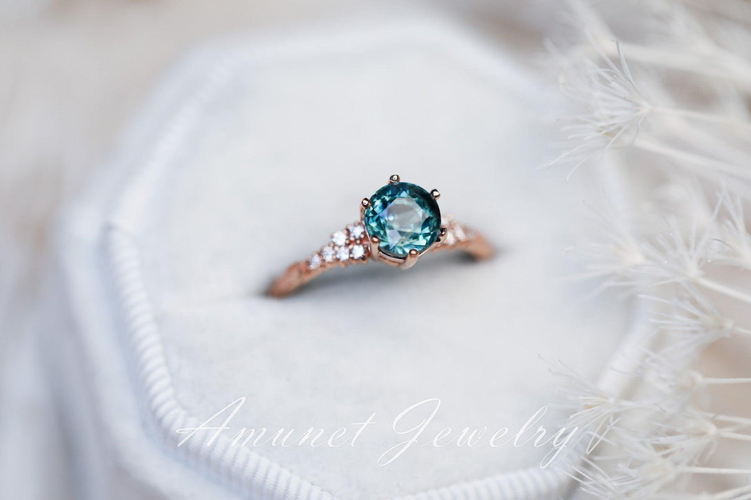 Teal Sapphire ring,sapphire engagement ring,peacock sapphire cluster ring,unique ring. - Amunet Jewelry